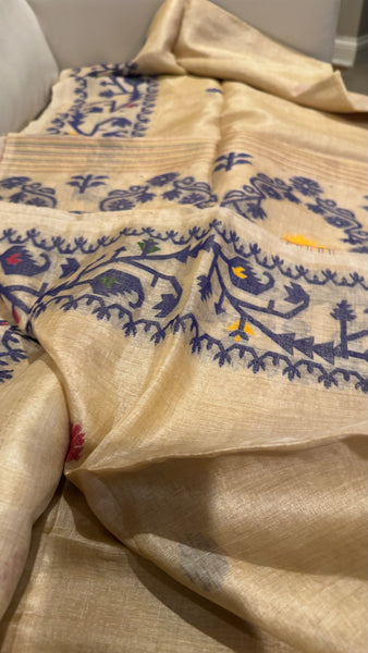 Navy Blue Handwoven Pure Tussar Silk Jamdani Saree