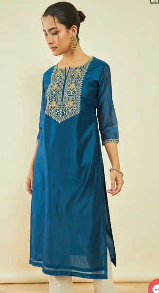 Blue Chanderi Floral Embroidered Straight Kurta with Sequin Details
