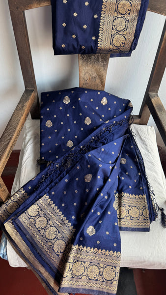 Navy Blue and Gold Pure Tussar Crepe Silk Saree