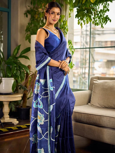 Navy Pure Silk Saree with Painted Floral Pallu & Light Blue Trim