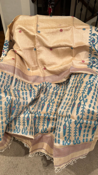 Aqua Sky Blue Handwoven Pure Tussar Silk Jamdani Saree