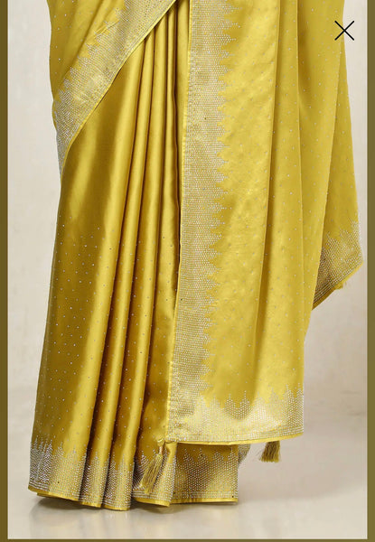 Mustard Green Satin Embellished Saree With Stone Work