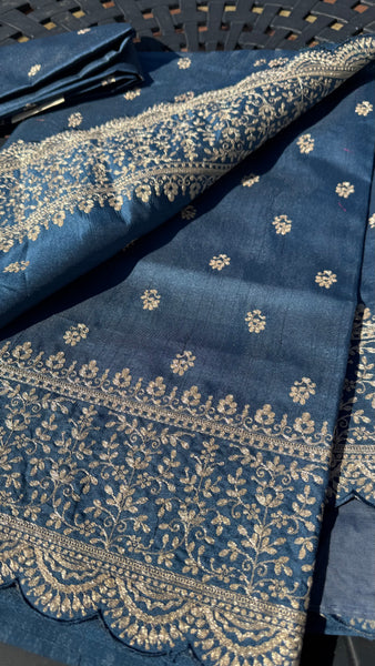 Royal Blue and Gold Tussar Silk Saree with Zari Butta's