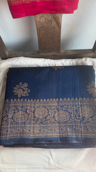 Deep Blue Banarasi Tussar Silk Saree with Antique Zari!