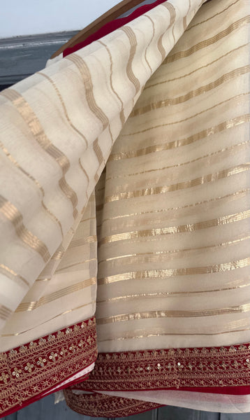 White and Red Georgette Chiffon Zardosi Saree