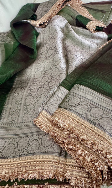 Iridescent Green Tissue Banarasi Brocade Silk Saree
