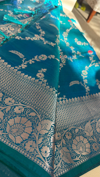 PEACOCK BLUE FLORAL SILK SAREE with SILVER ZARI BORDER