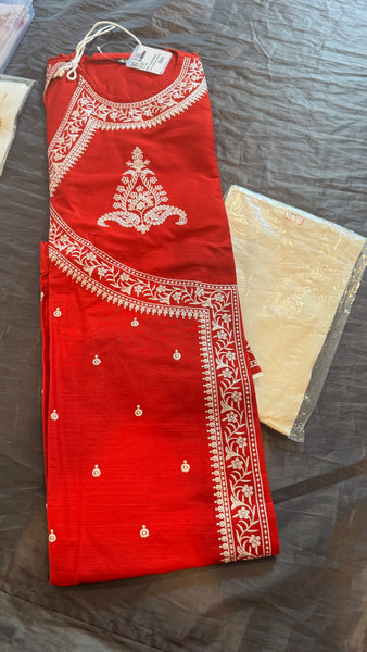 Red and White Pure Raw Silk Embroidered Bengali Punjabi