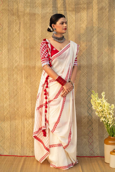 White and Red Woven Handloom Cotton Saree