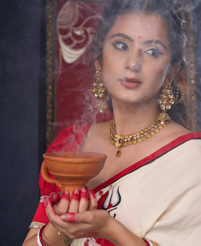 Hand-painted Durga-Ma Saree in Off-white Rayon & Red Combination