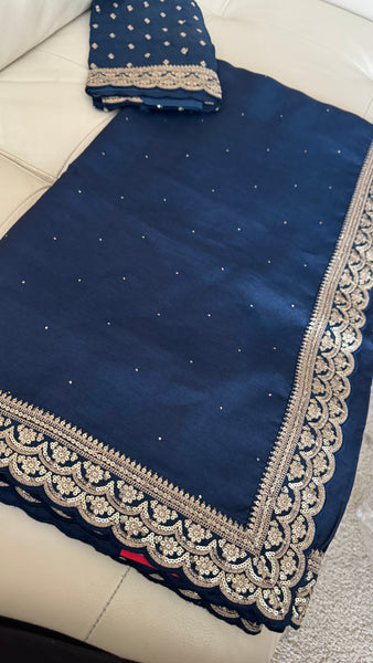 Midnight Blue Tussar Silk Saree with Zardosi Border