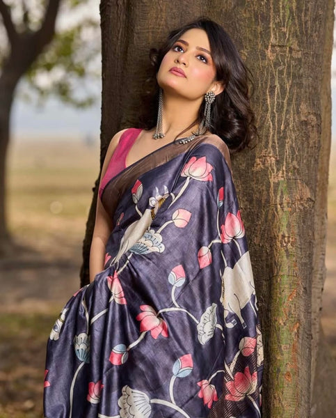 Midnight Black Tussar Silk Saree with Traditional Pichwai Print