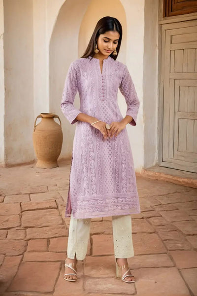 Purple Georgette Paisley Thread Embroidered Straight Kurta
