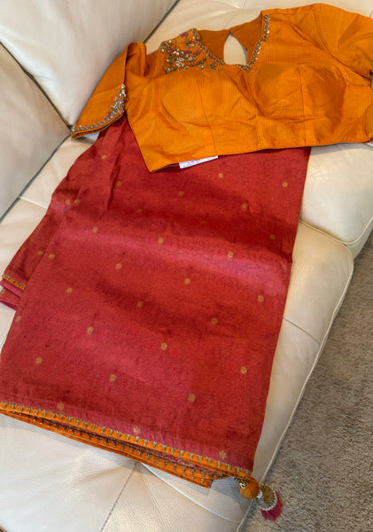 Coral Pink and Orange Katan Tanchoi Silk Saree
