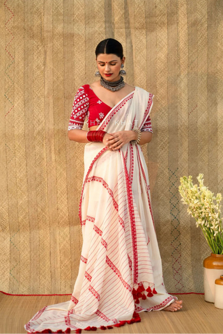 White and Red Woven Handloom Cotton Saree