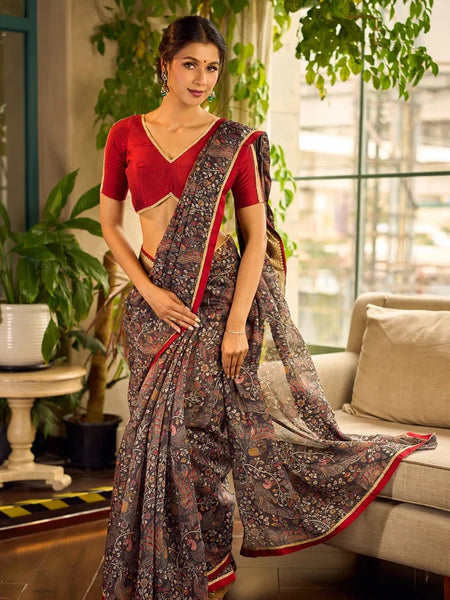 Dark Grey All-Over Kalamkari Floral Chanderi Saree with Gold Woven Zari Border & Maroon Hem Accent