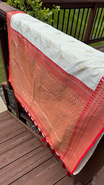 Off White and Red Soft Silk Saree with Readmade Blouse