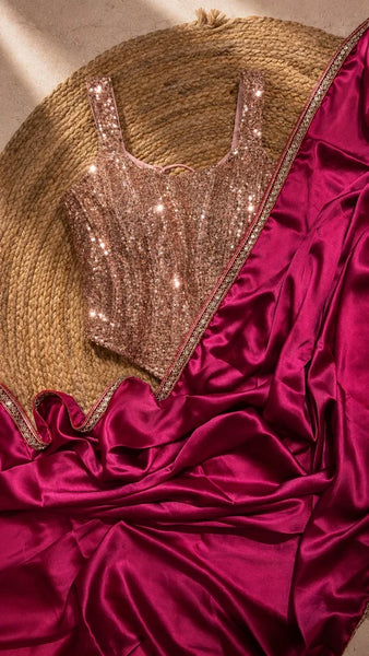 Hot Pink Satin Silk Cocktail Saree