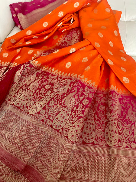 Orange and Rani Hot Pink Crepe Banarasi Silk Saree