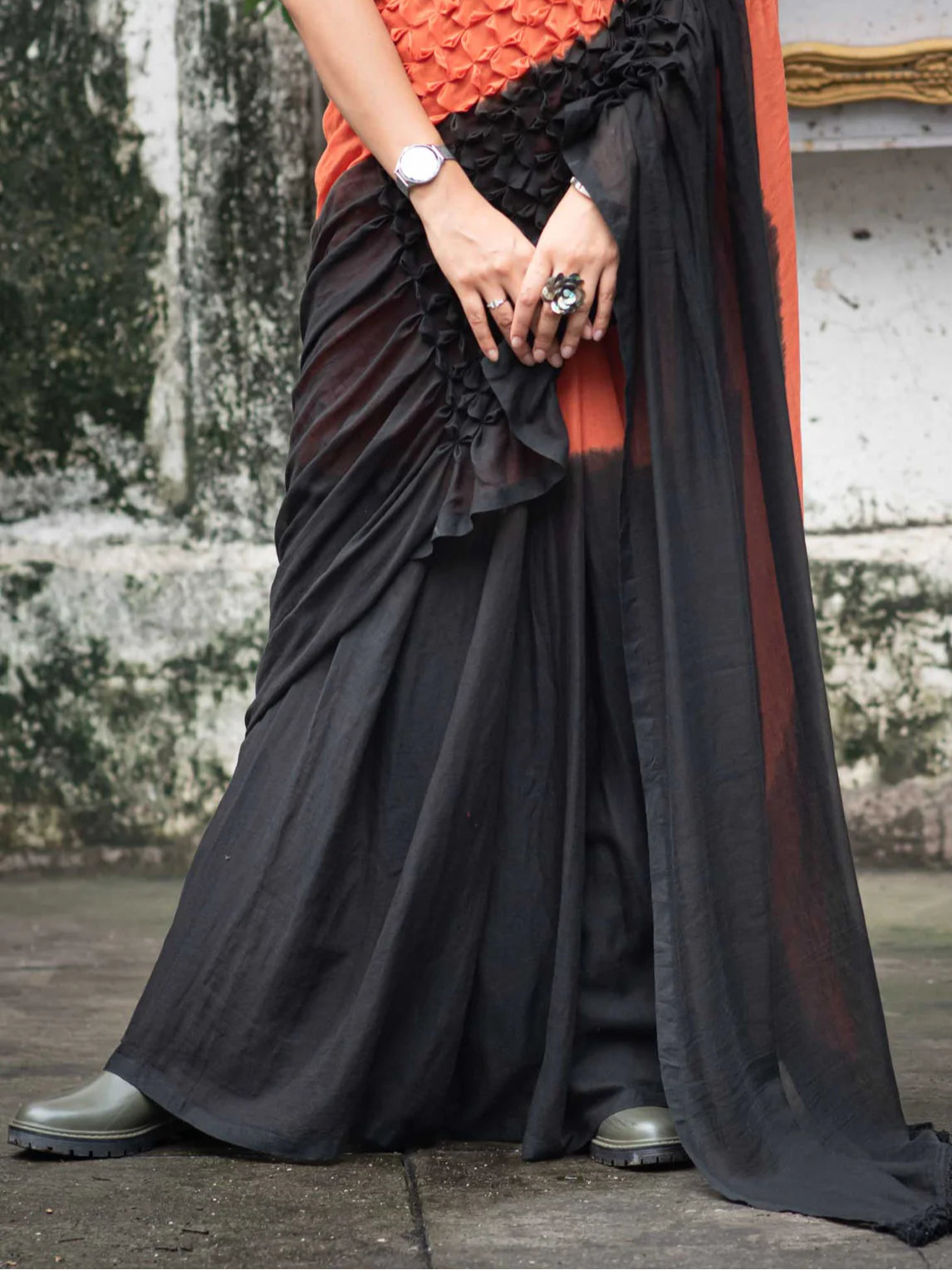 Rust and Black Ombre Mul Mul Cotton Saree with Hand Knots and Color Contrast