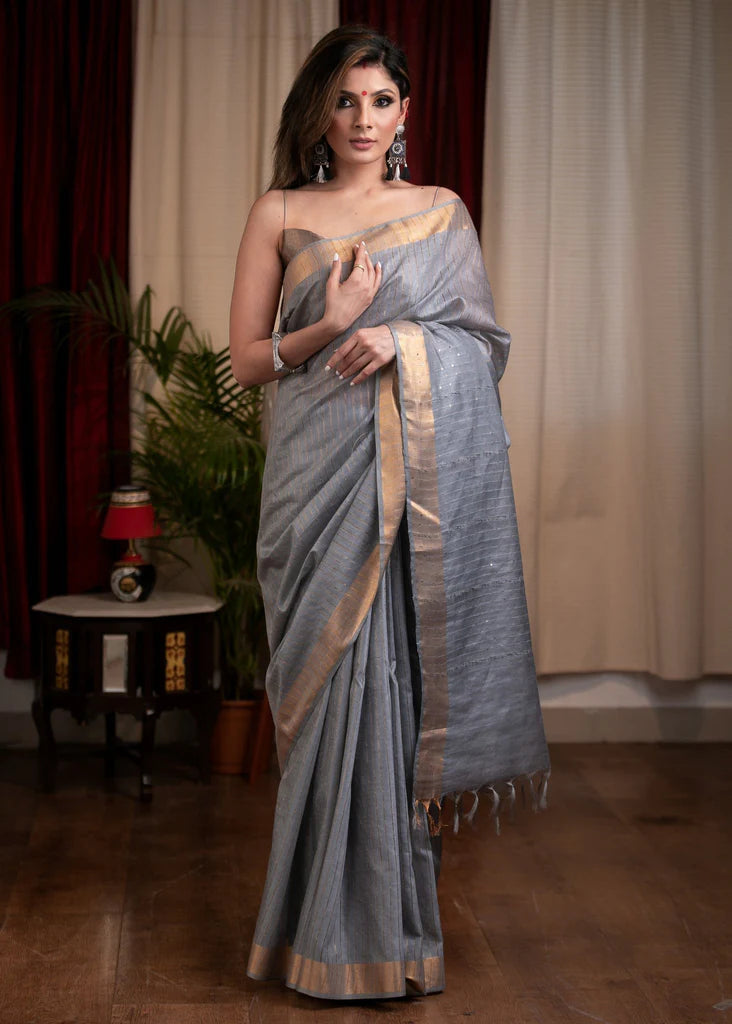 STRIPED, GREY KOTA SILK SAREE