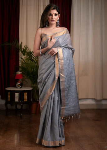 STRIPED, GREY KOTA SILK SAREE