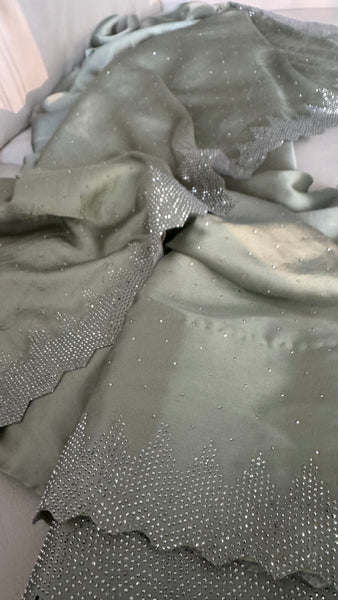 Sage Green Satin Stone Embellished Saree