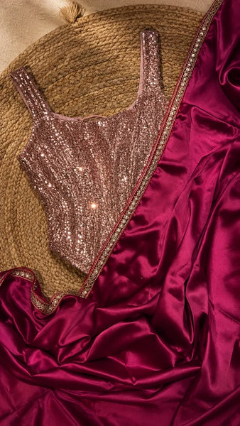 Hot Pink Satin Silk Cocktail Saree