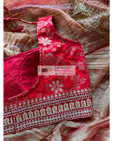 Red Brocade Sleeveless Readymade Blouse