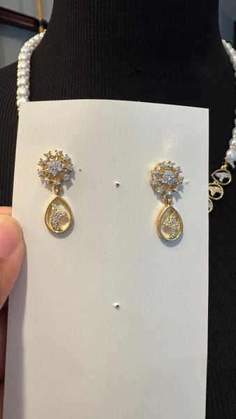 Natural Freshwater White Real Pearl Set with CZ Stonework