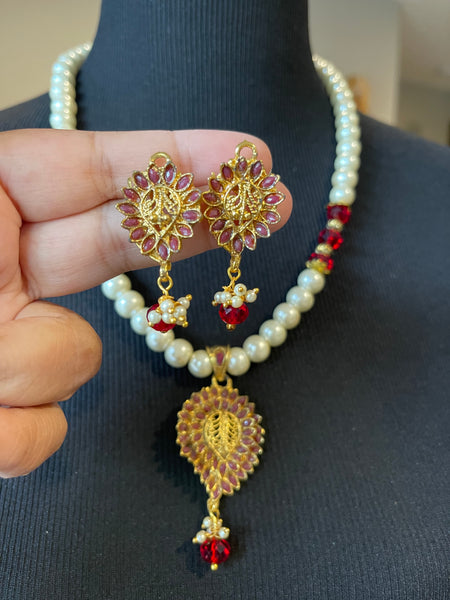 Pearl Necklace with Ruby Gold Plated Pendant Necklace with Earrings