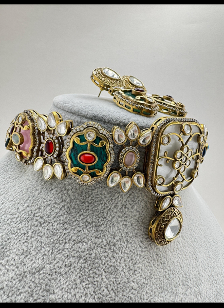 Multi Victorian Sabyasachi-inspired Moissanite polki Kundan choker Necklace Set