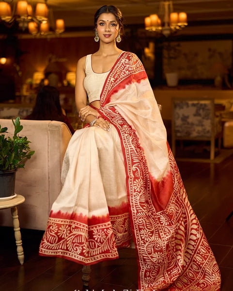 Red & Ivory Batik Saree