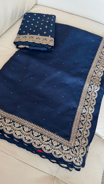 Midnight Blue Tussar Silk Saree with Zardosi Border