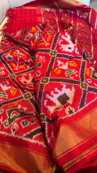 Pure Ikkat Double Weaving Silk Red and Multicolor Saree