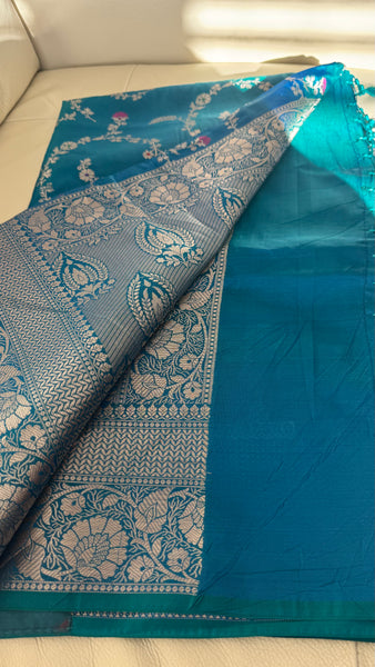 PEACOCK BLUE FLORAL SILK SAREE with SILVER ZARI BORDER
