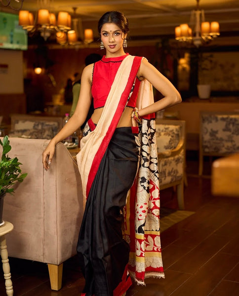 Black Pure Silk Saree with Red & Ivory Kalamkari Floral Border