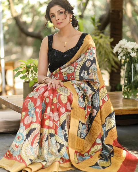 PURE SILK PEN KALAMKARI HANDPAINTED MILK WASH SAREE