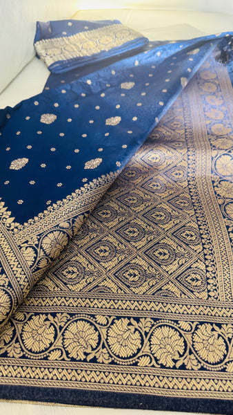 Navy Blue and Gold Pure Tussar Crepe Silk Saree