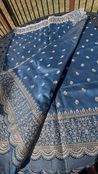 Royal Blue and Gold Tussar Silk Saree with Zari Butta's