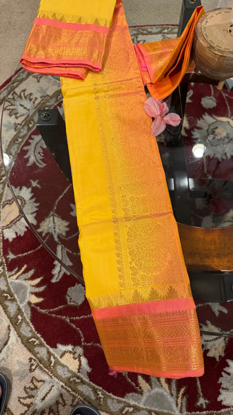 Yellow and Coral Pink Pure Silk Handloom Gadwal Saree