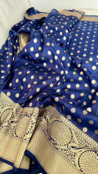 Royal Blue and Gold Handloom Silk Saree with Zari Butta's