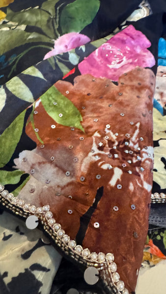 Black Multicolor Crepe digital print with pearl and Katdana borders
