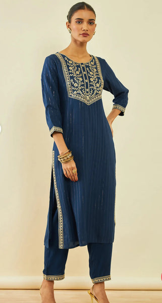 Blue Rayon Floral Embroidered Round-Neck Straight Kurta Set