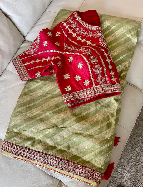 Mint Green Pistachio Muga Silk Saree with Red Readymade Blouse