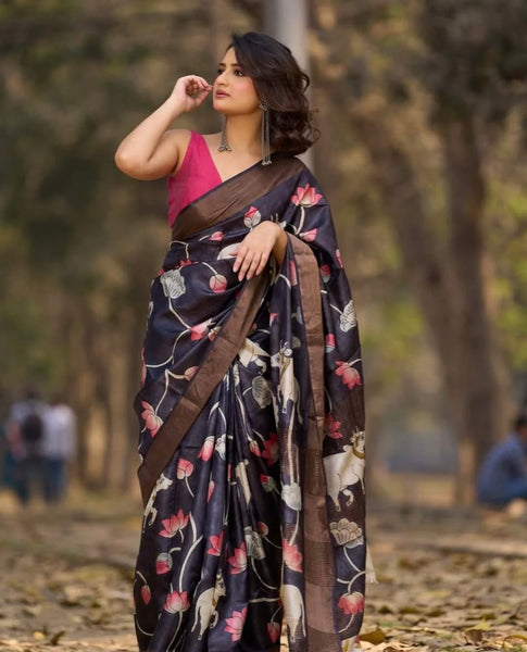 Midnight Black Tussar Silk Saree with Traditional Pichwai Print