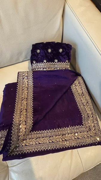 Purple Crepe Silk Sarees with Sabyasachi Border with Velvet Blouse
