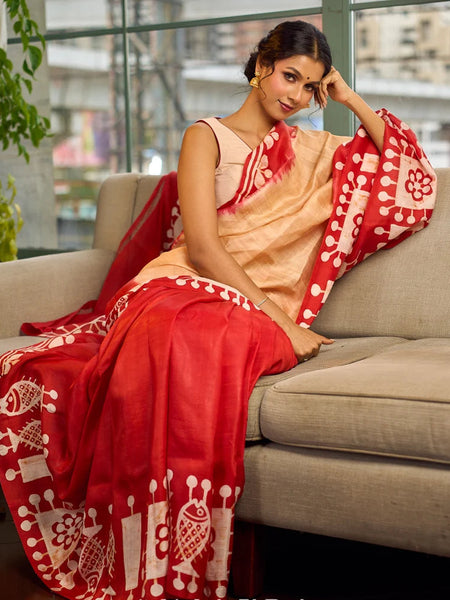 Red Pure Silk Saree with Tan Warli Art Print & Folk Motif Pallu