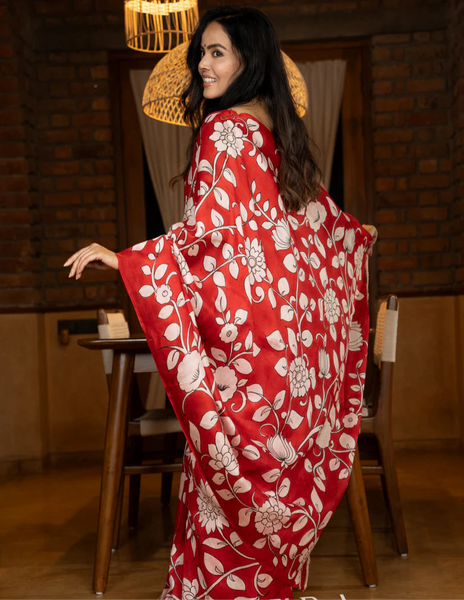 PURE SILK SAREE FEATURING TIMELESS KALAMKARI FLORAL ARTWORK