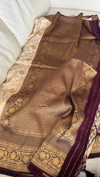 Off White Banarasi Crepe Silk Saree with Deep Purple Border